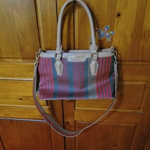 Adrienne Vittadini Large Vinyl Red and Gray Striped Satchel